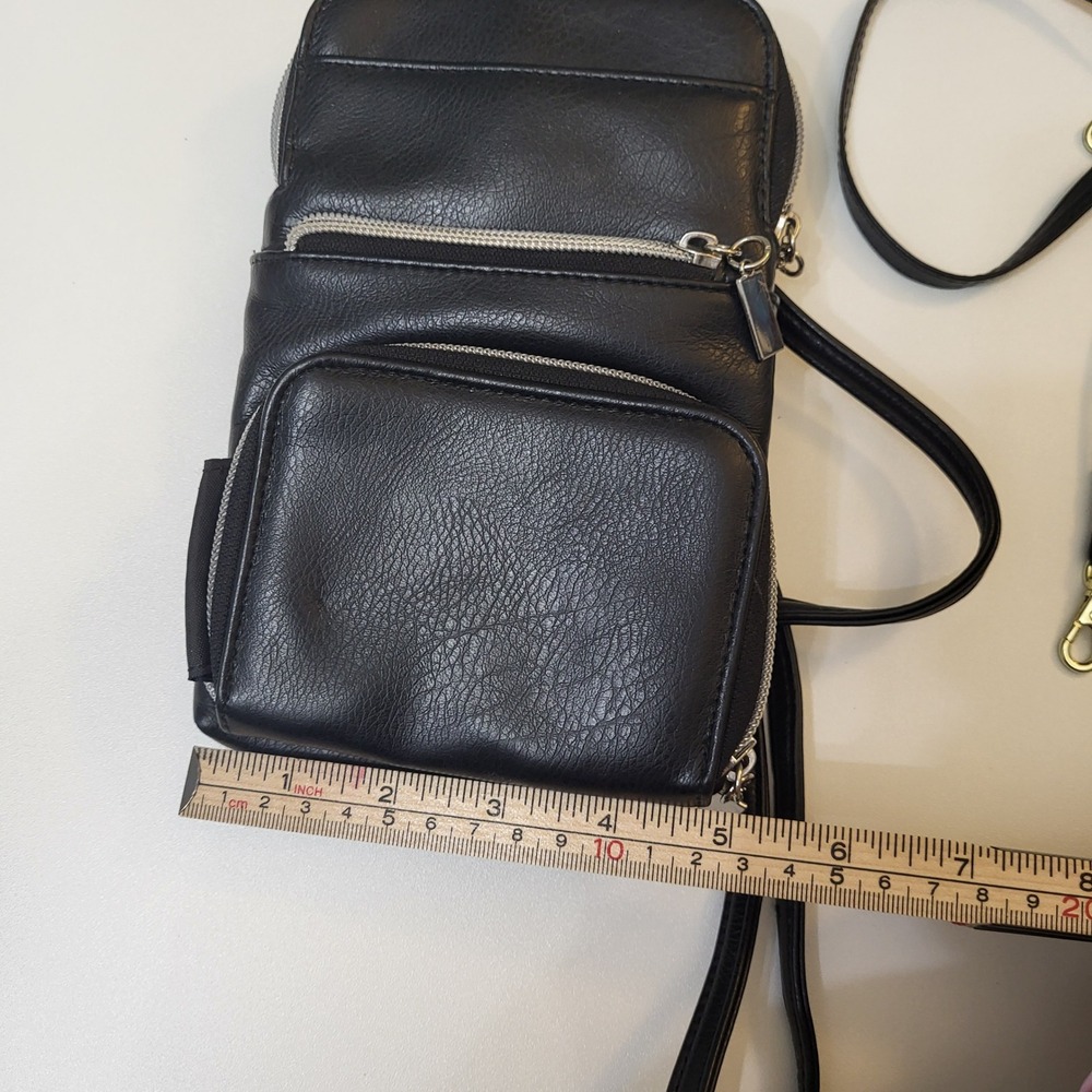 Black Faux Leather Multi-Pocket Crossbody Travel Bag Phone Purse Silver Hardware - Picture 7 of 8